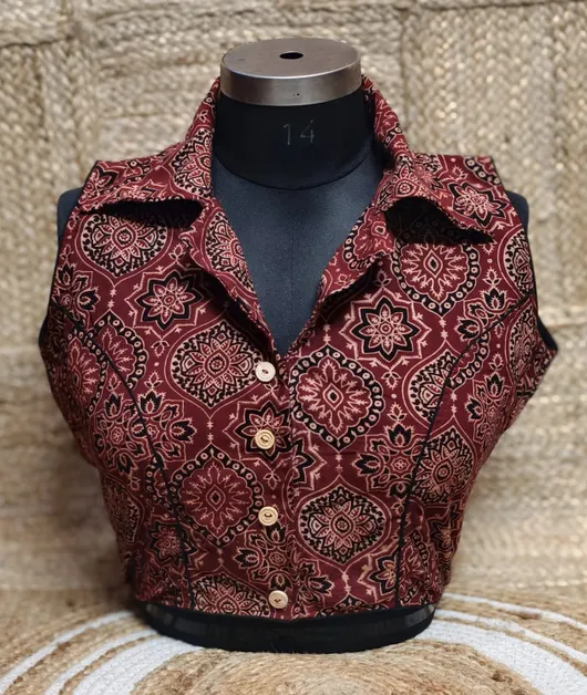 Natural Dye Ajrakh Collar Neck Blouse with Wooden Button Detailing